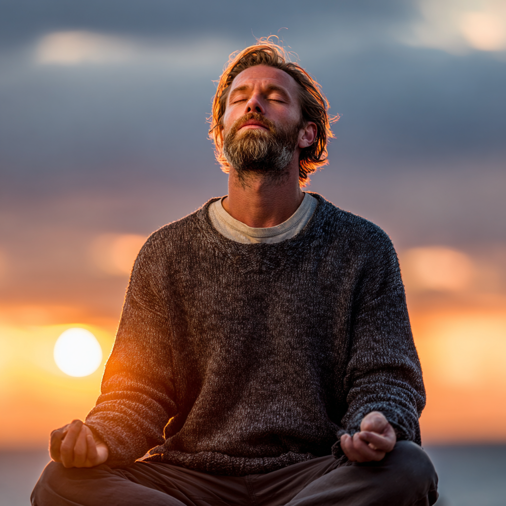 Focused man meditating in peaceful environment showing mental strength