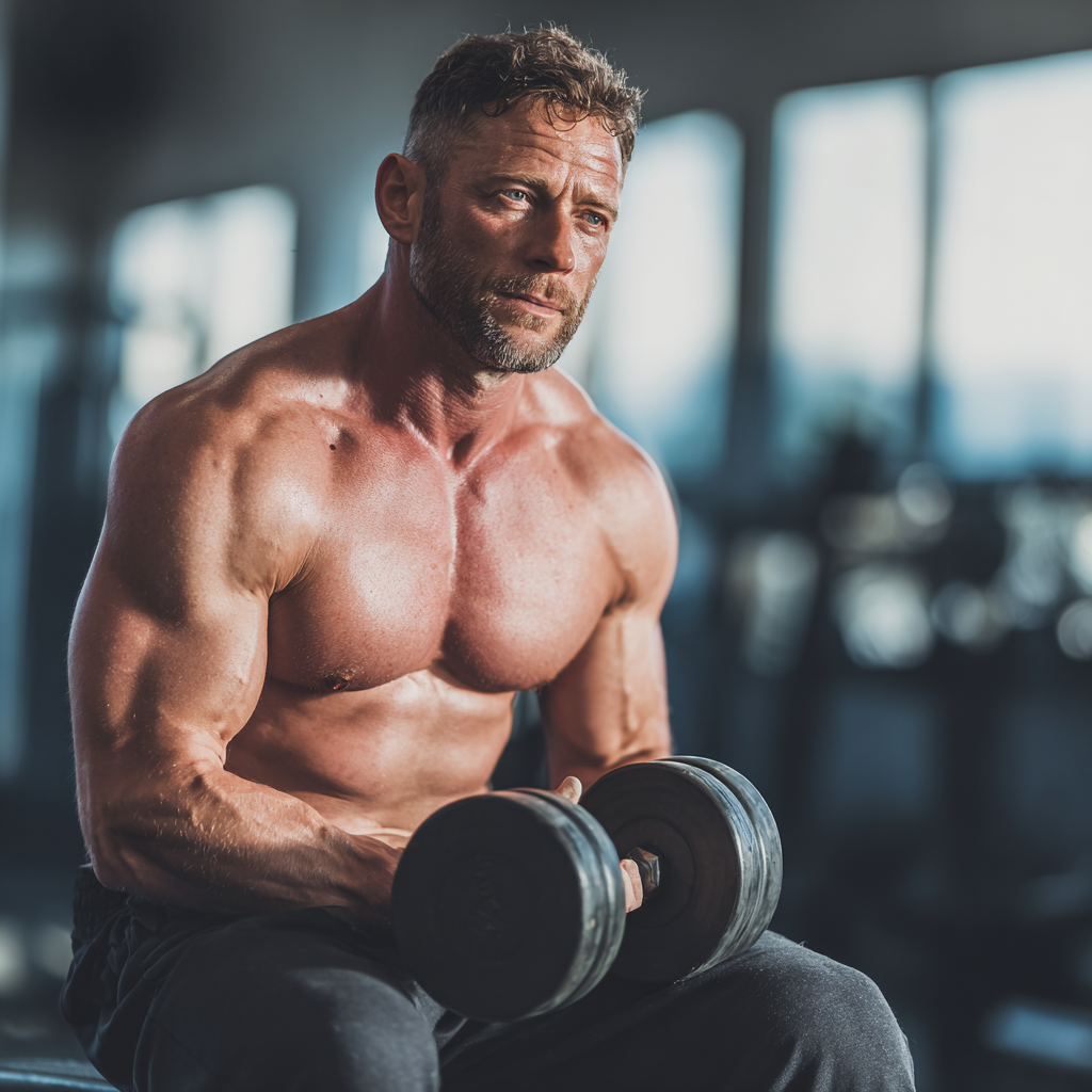 Strong confident man training with weights in modern gym